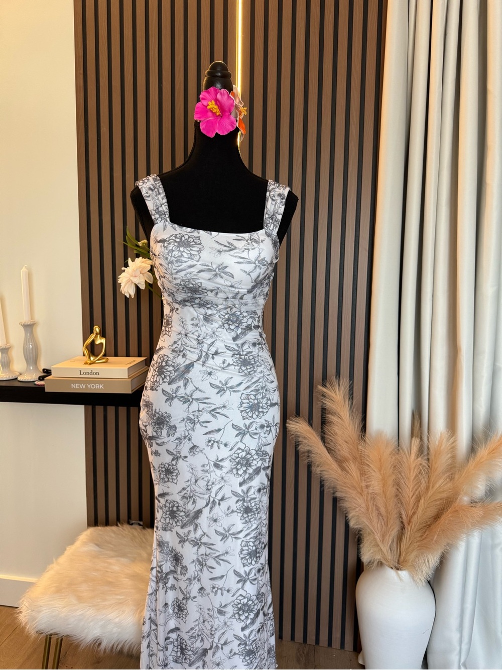Elegant White Floral Maxi Dress with Gray Print